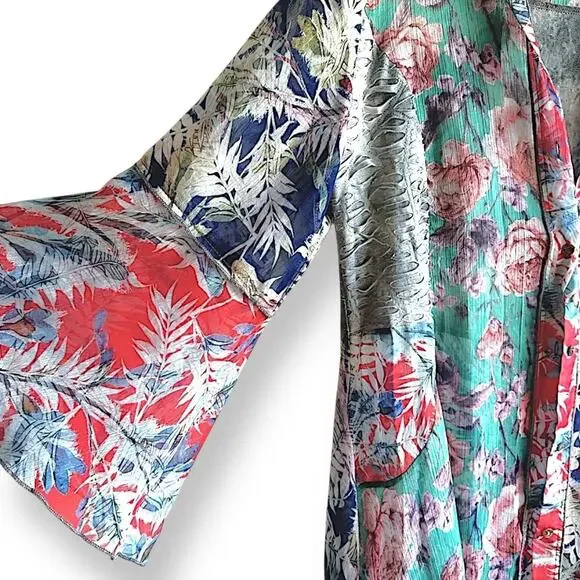 VTG Floral Patchwork Sheer Duster Kimono Bell Sleeve Boho Festival 90s Y2K M - L - Picture 2 of 8
